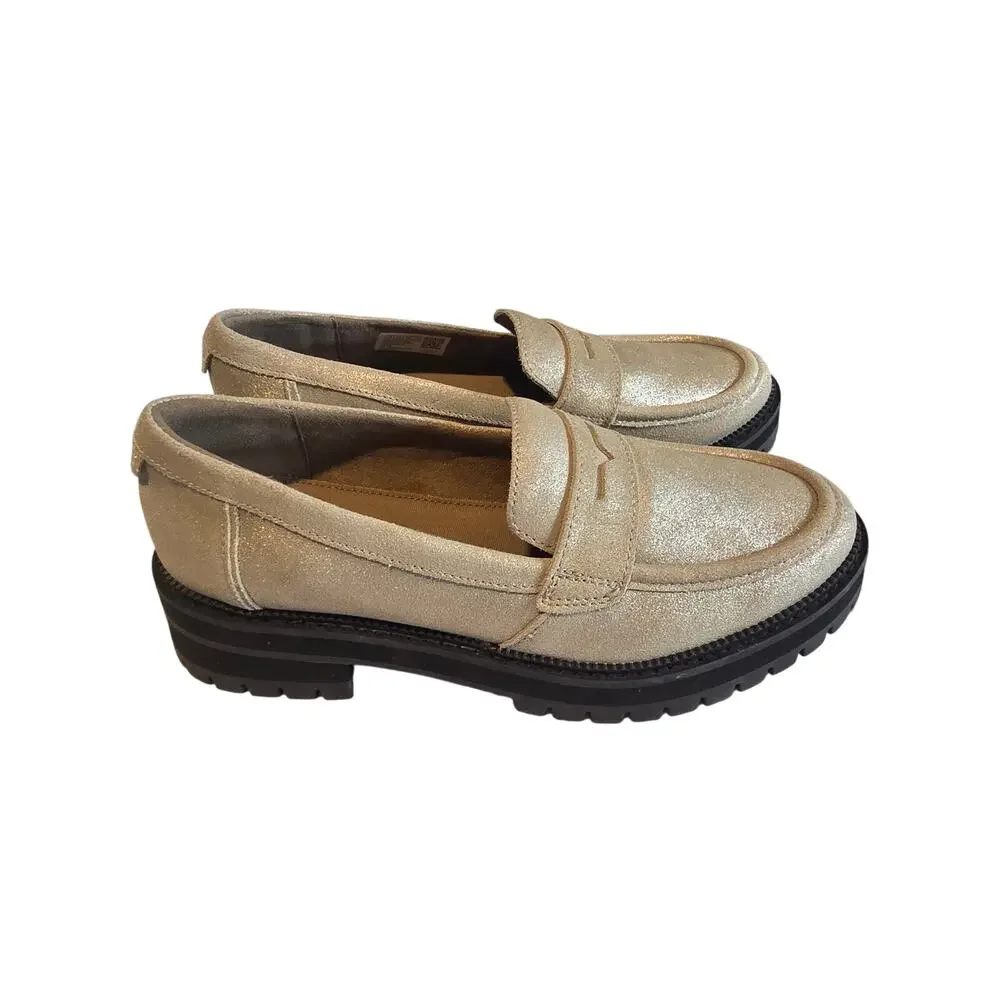 TOMS Women Cara Metallic Sparkly Leather Lug Sole Loafers Size 7.5